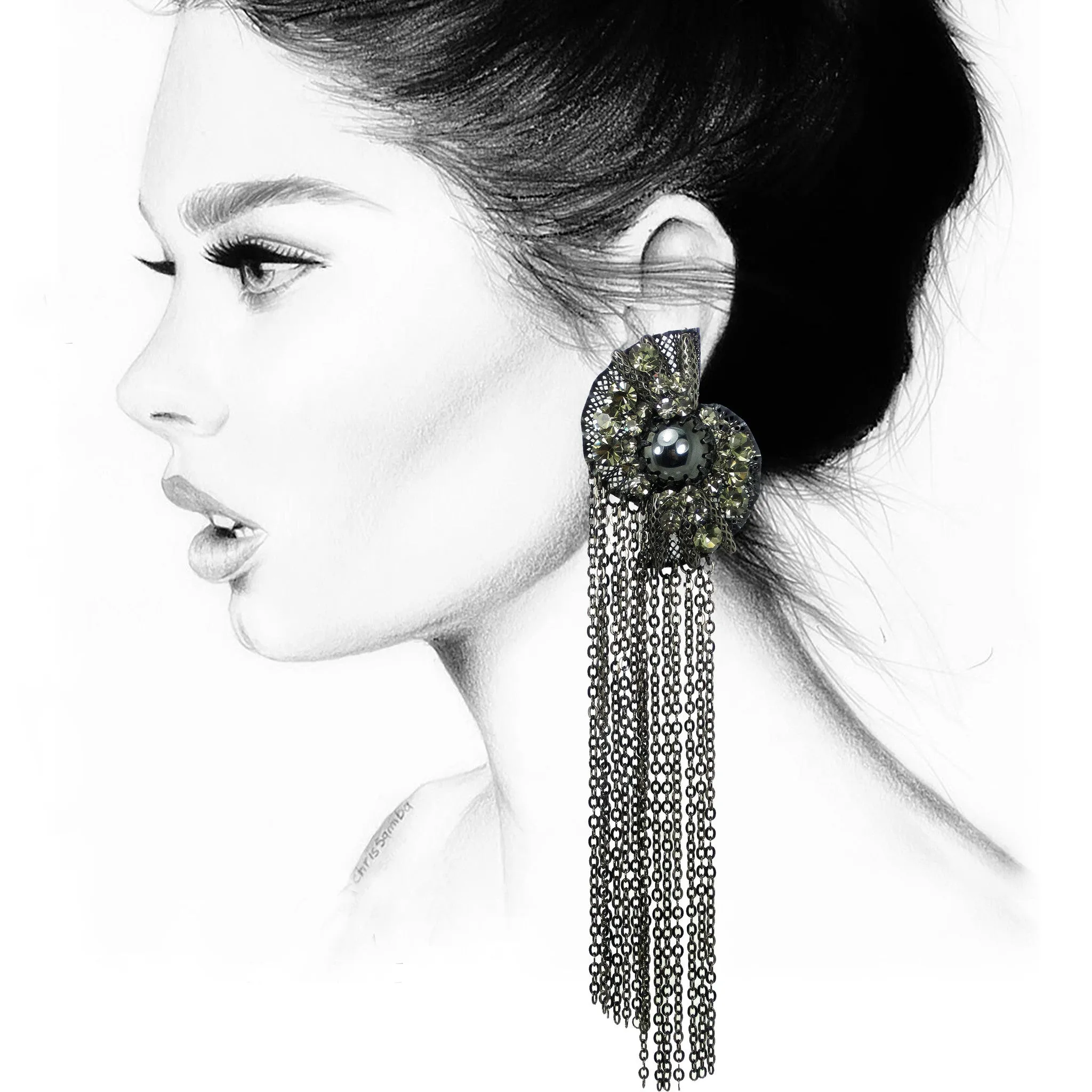 #1013e Gunmetal Mesh & Chain Fringe Long Earrings With Rhinestone & Hematite Detail