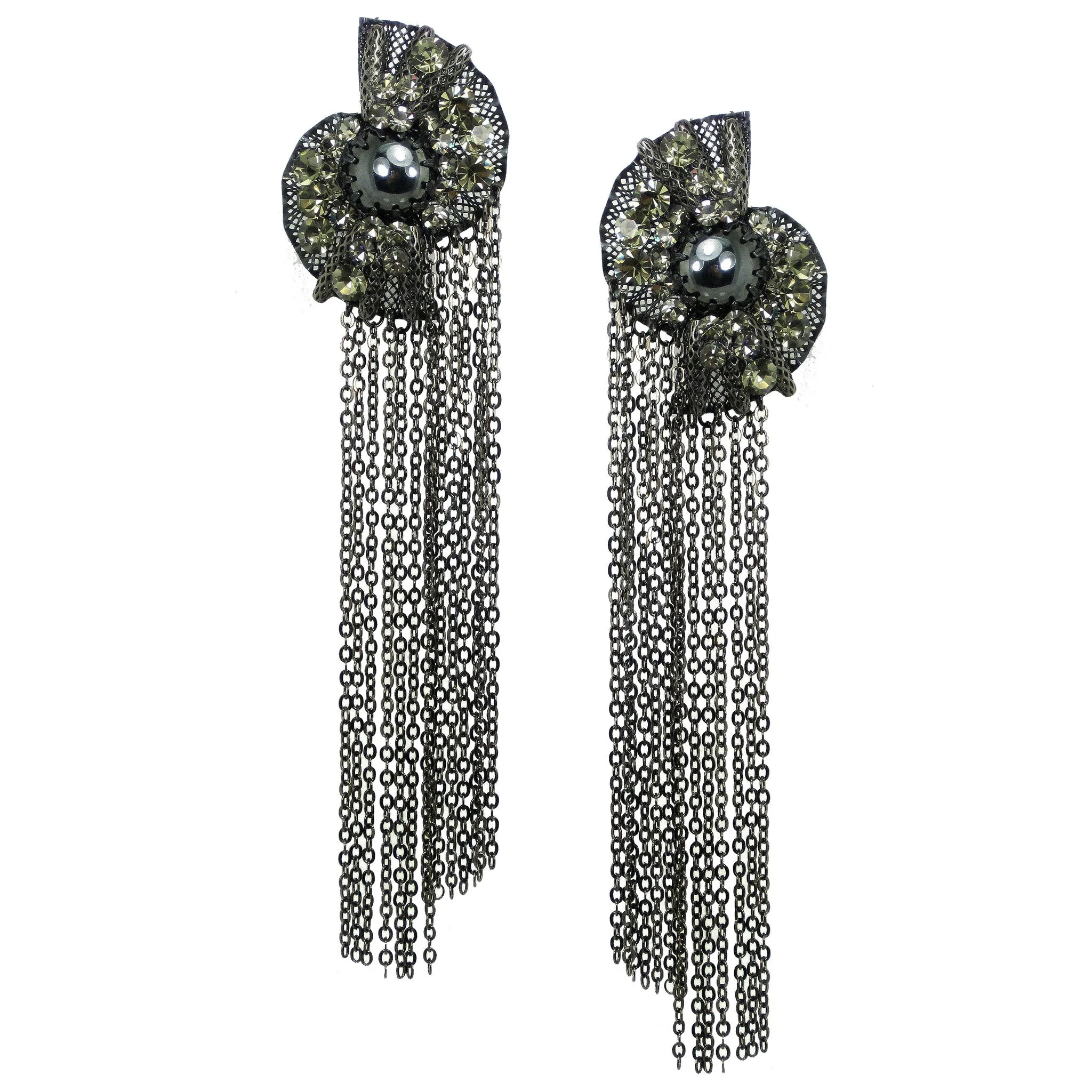 #1013e Gunmetal Mesh & Chain Fringe Long Earrings With Rhinestone & Hematite Detail