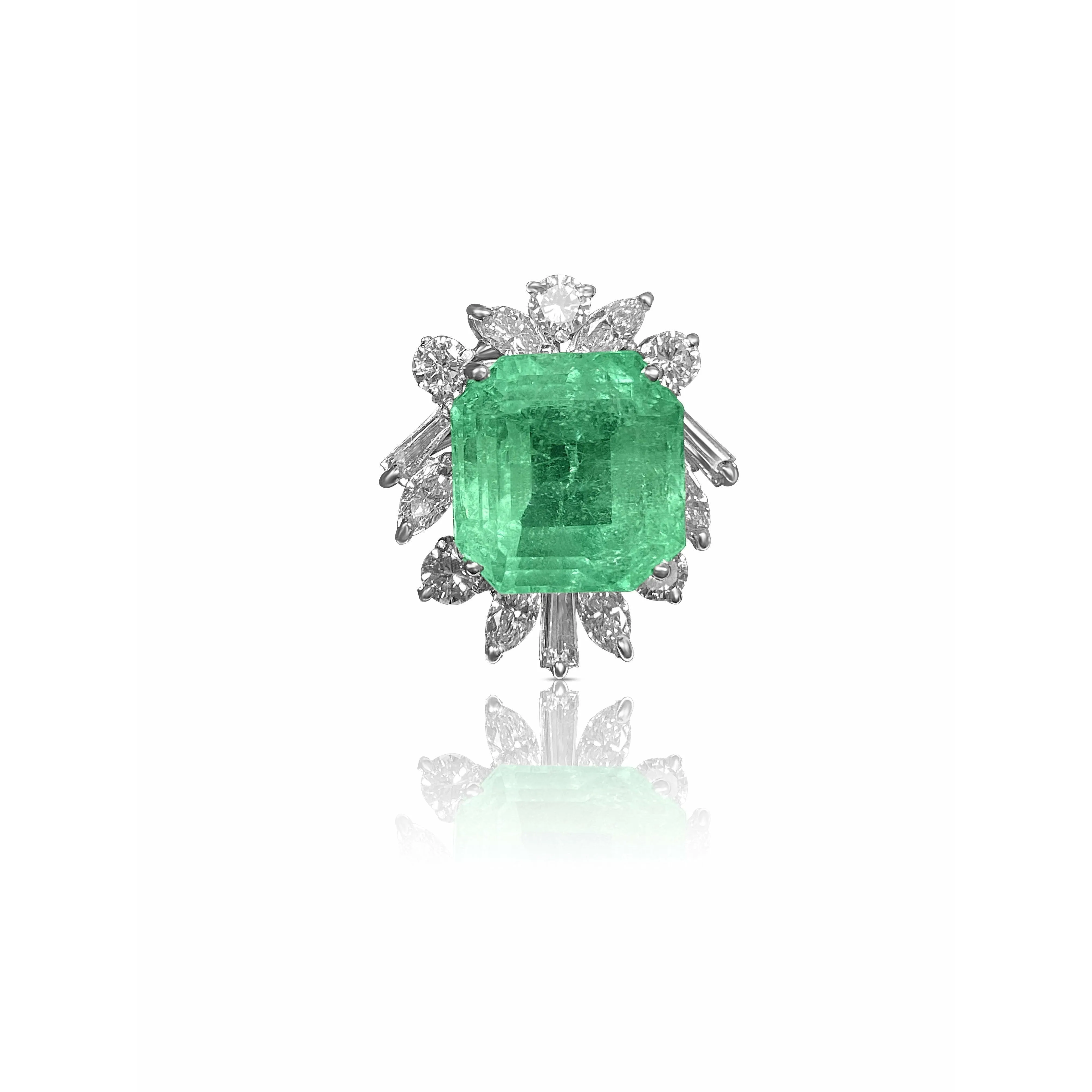 11.54 carat Colombian Emerald and Baguette Diamond Pendant in Platinum