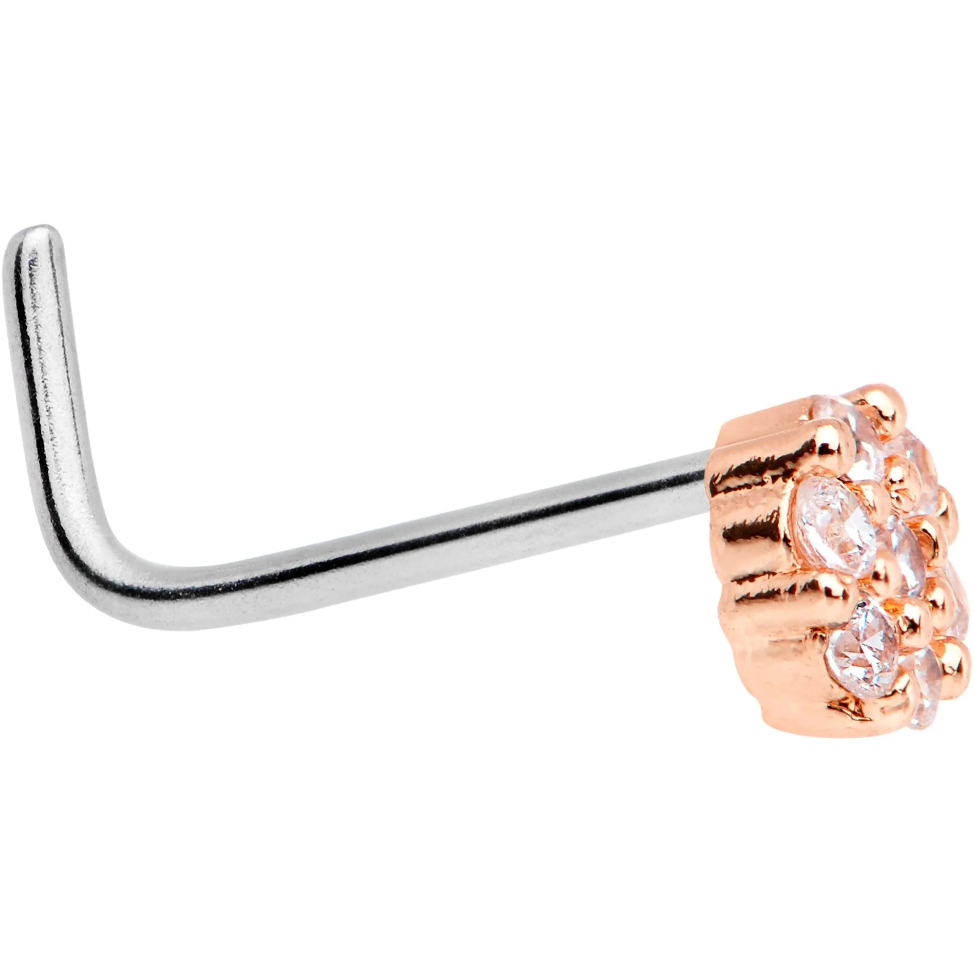 1/4 Clear CZ Gem Rose Gold Tone Cute Cluster L Shaped Nose Ring