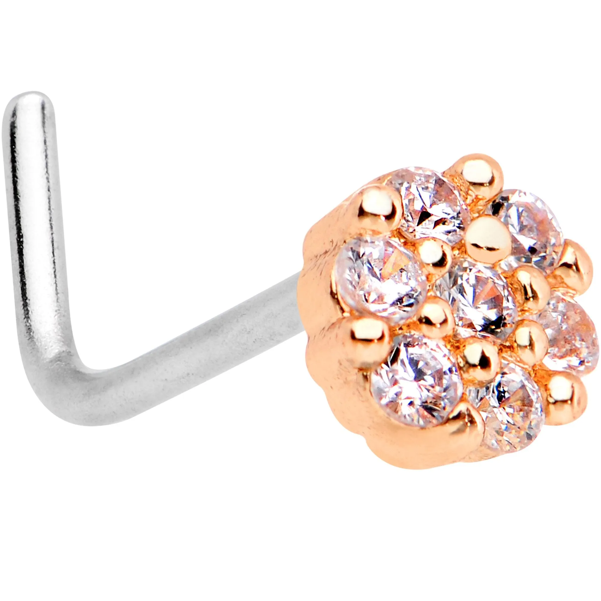 1/4 Clear CZ Gem Rose Gold Tone Cute Cluster L Shaped Nose Ring