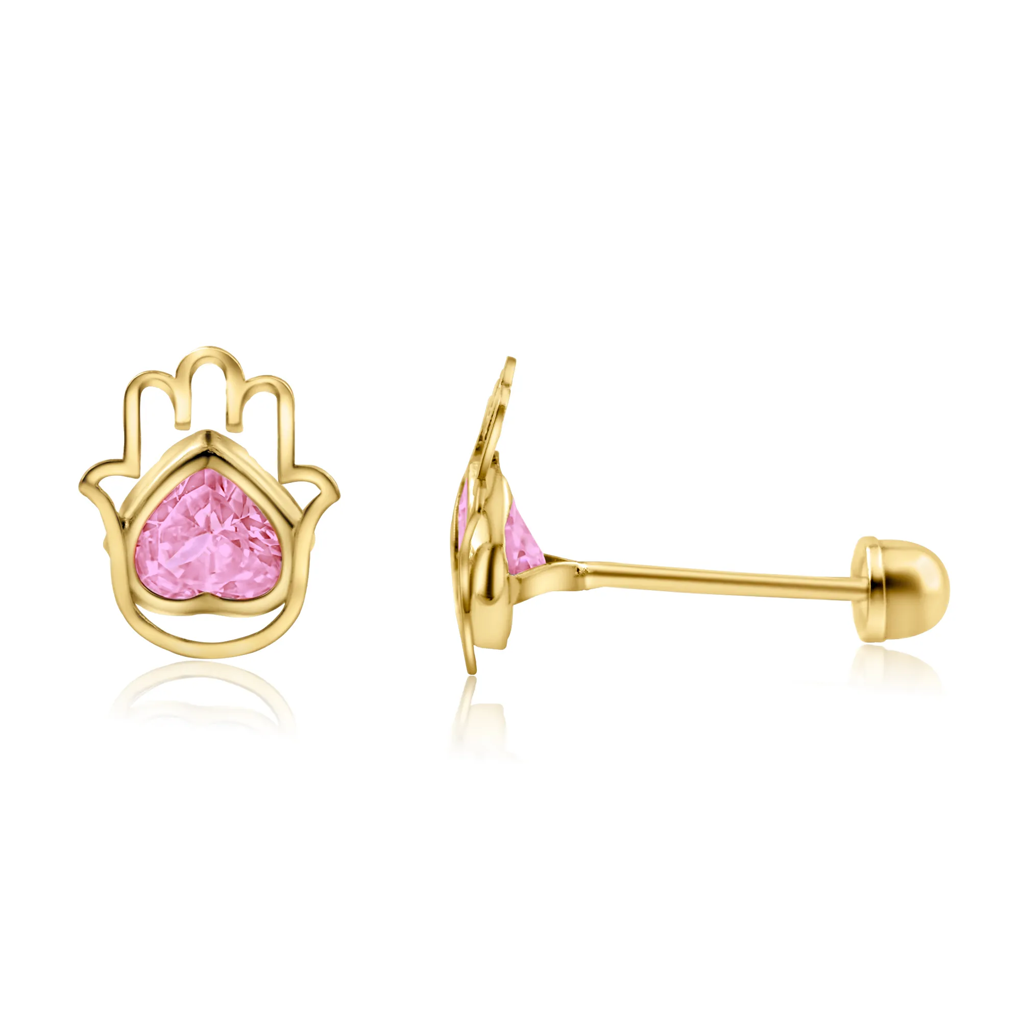 14E00313PNK. - 14 Karat Yellow Gold Hamsa Heart Pink CZ Screw Back Stud Earrings