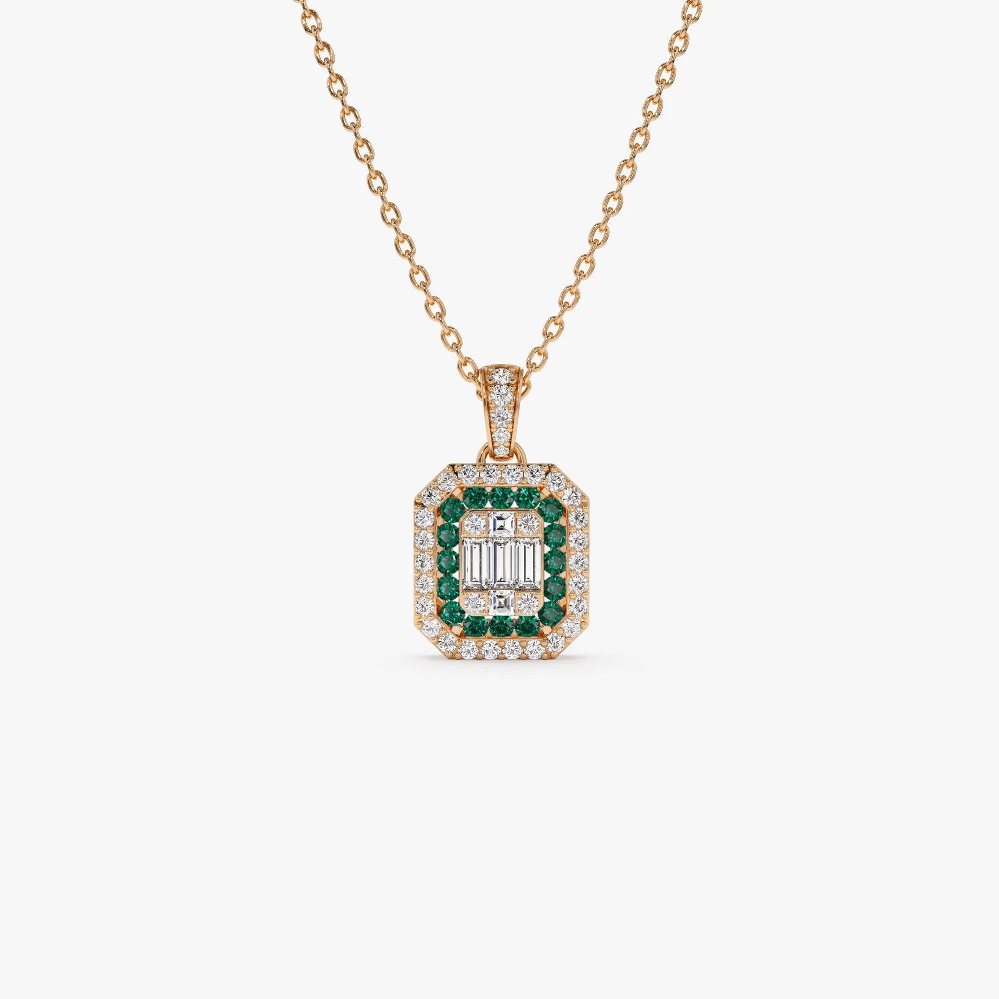 14k Baguette and Round Emerald Necklace with Halo Setting