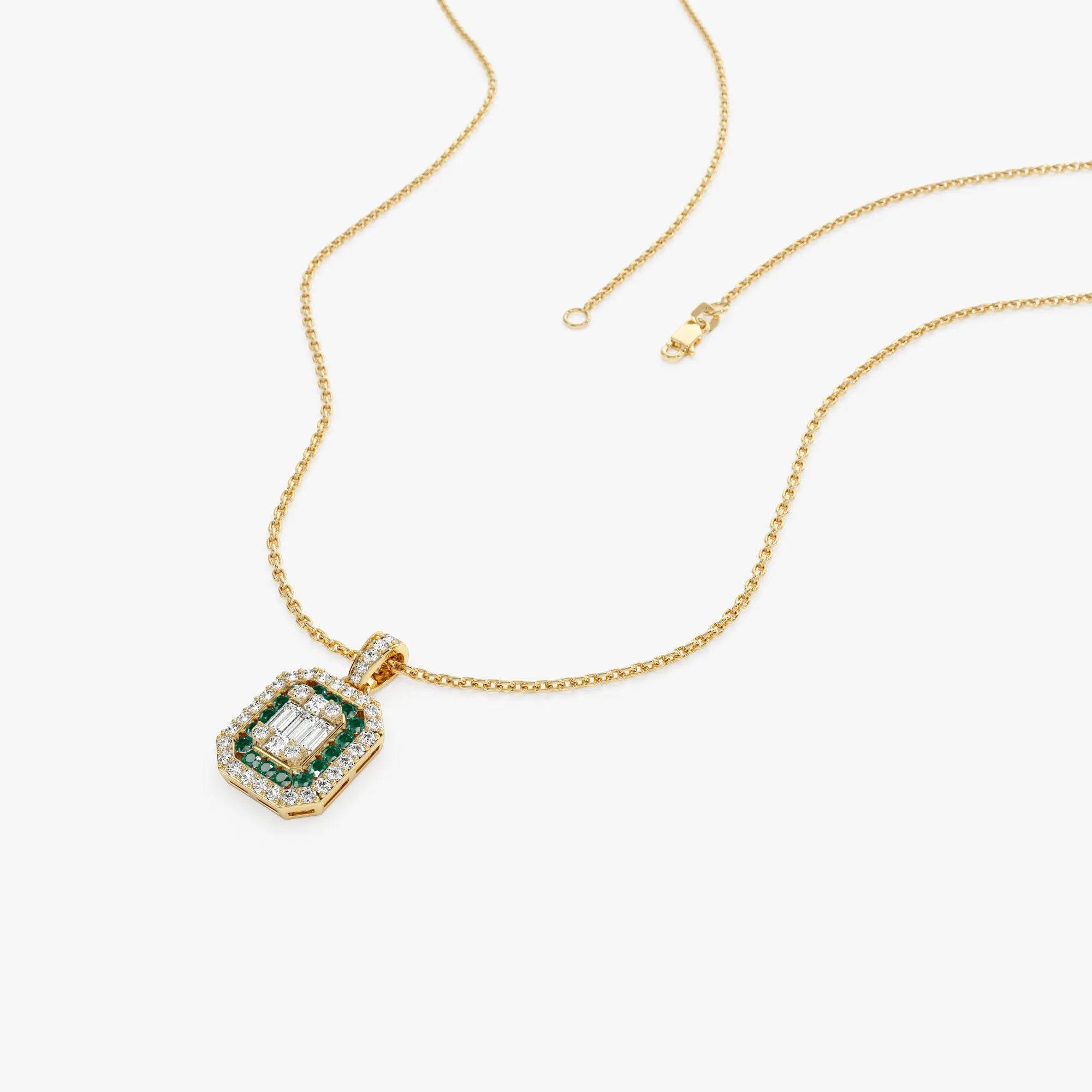 14k Baguette and Round Emerald Necklace with Halo Setting