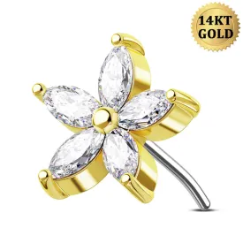 14K Clear CZ Flower Threadless Nose and Earring Stud