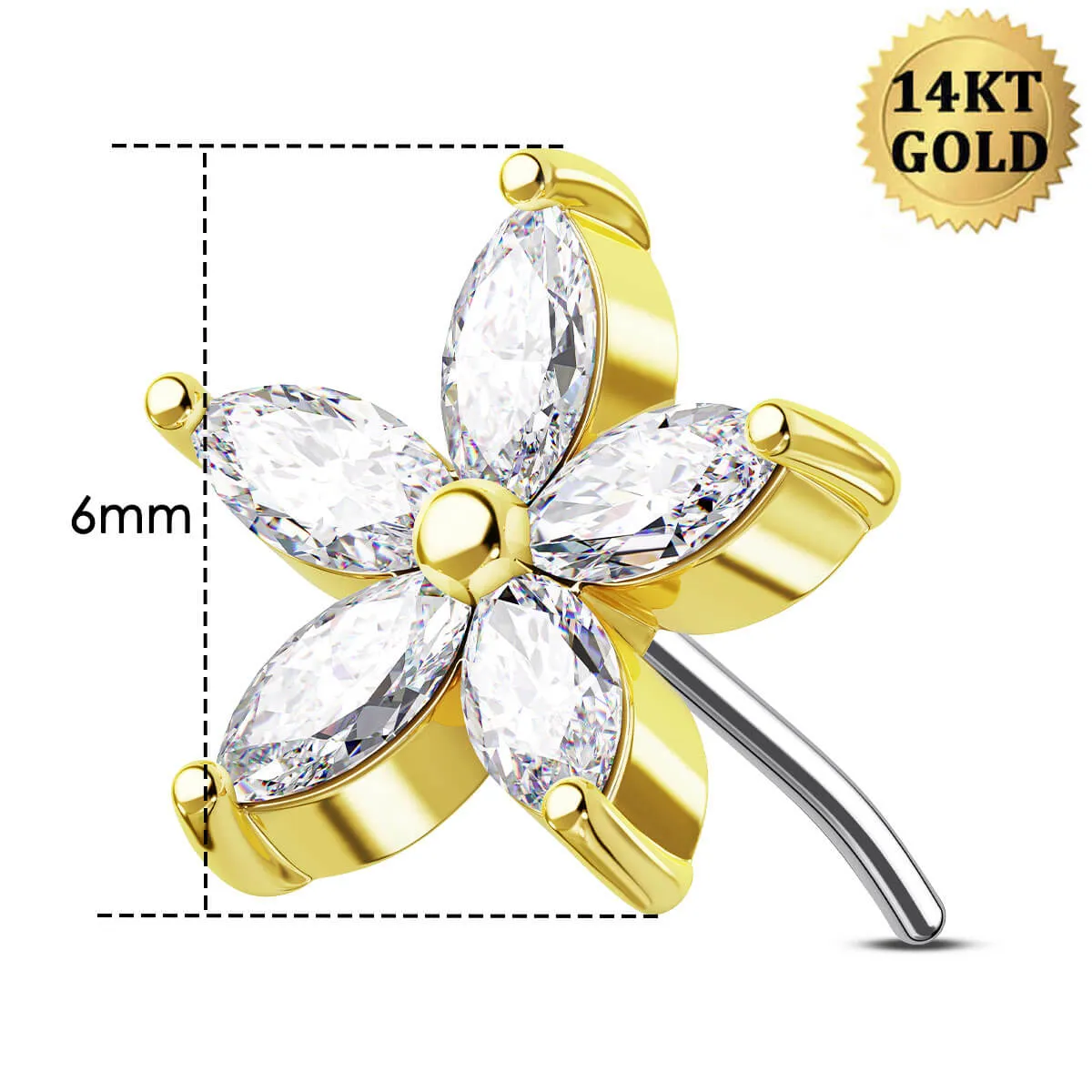 14K Clear CZ Flower Threadless Nose and Earring Stud