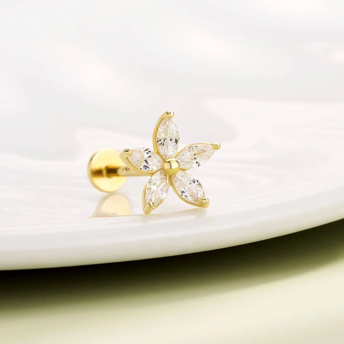 14K Clear CZ Flower Threadless Nose and Earring Stud