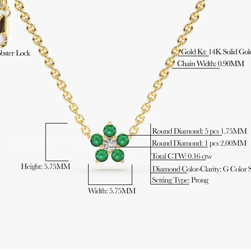 14K Emerald and Diamond Flower Charm Necklace