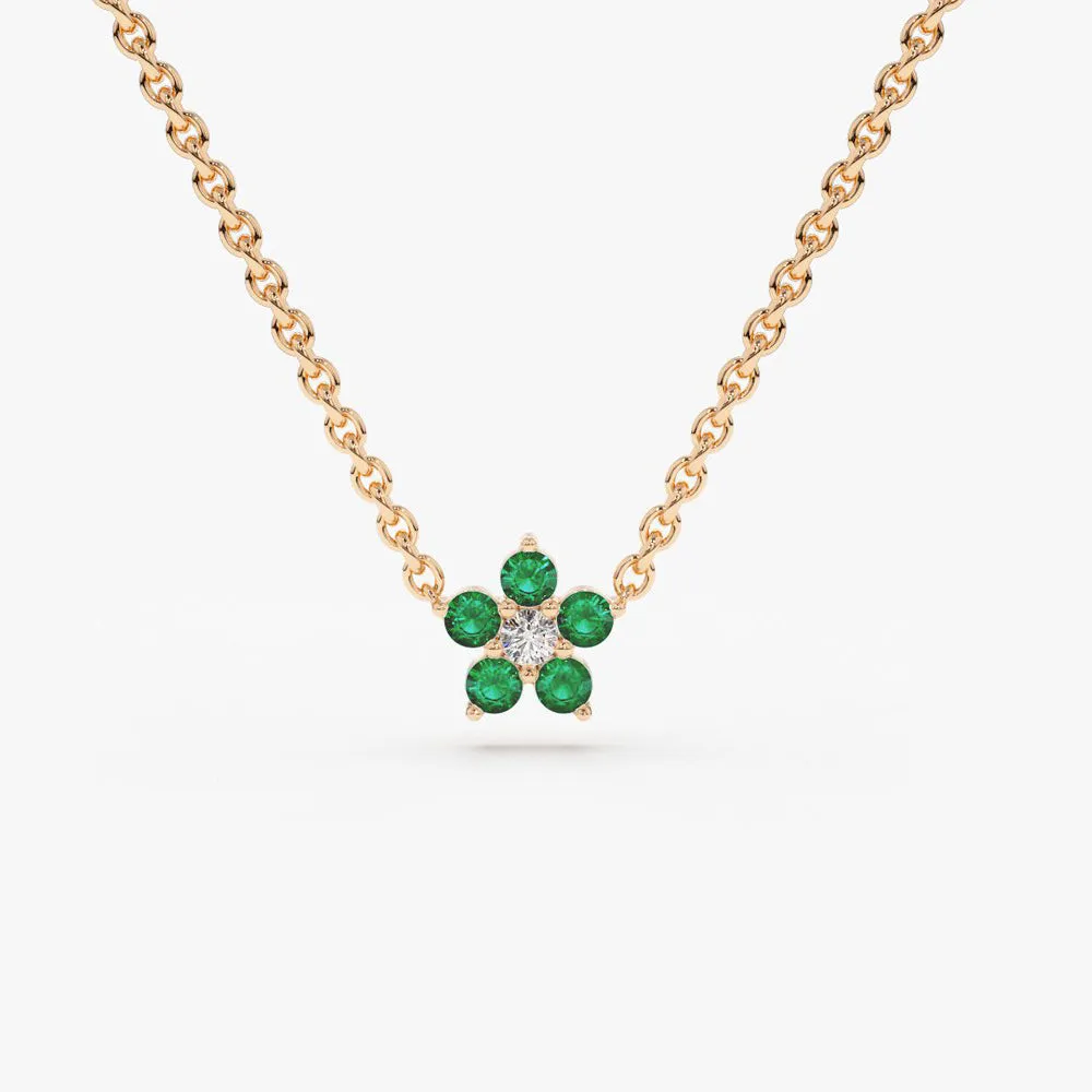 14K Emerald and Diamond Flower Charm Necklace