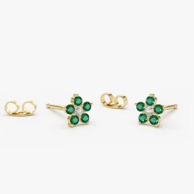 14K Emerald and Diamond Flower Studs