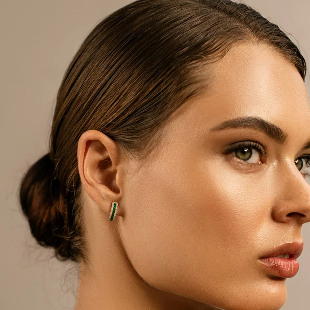 14k Emerald and Round Diamond Hoop Earrings