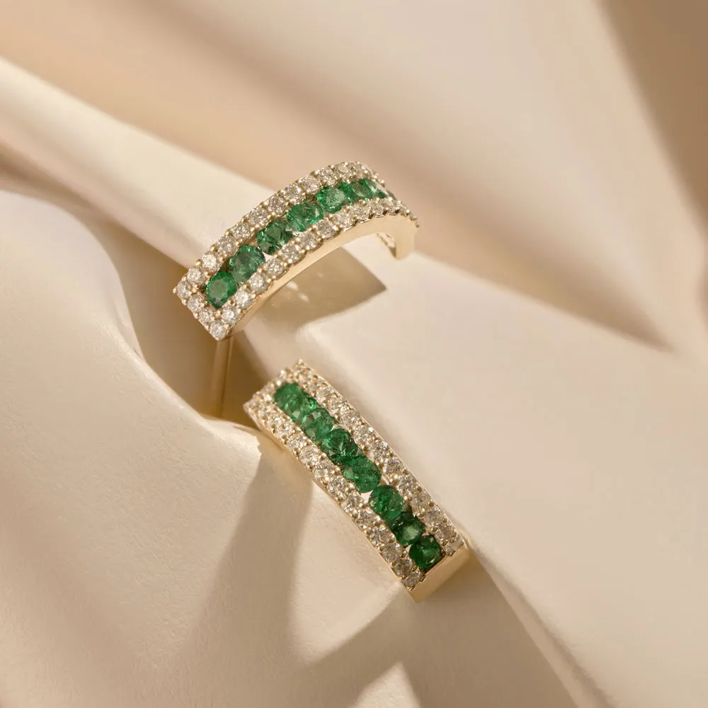 14k Emerald and Round Diamond Hoop Earrings