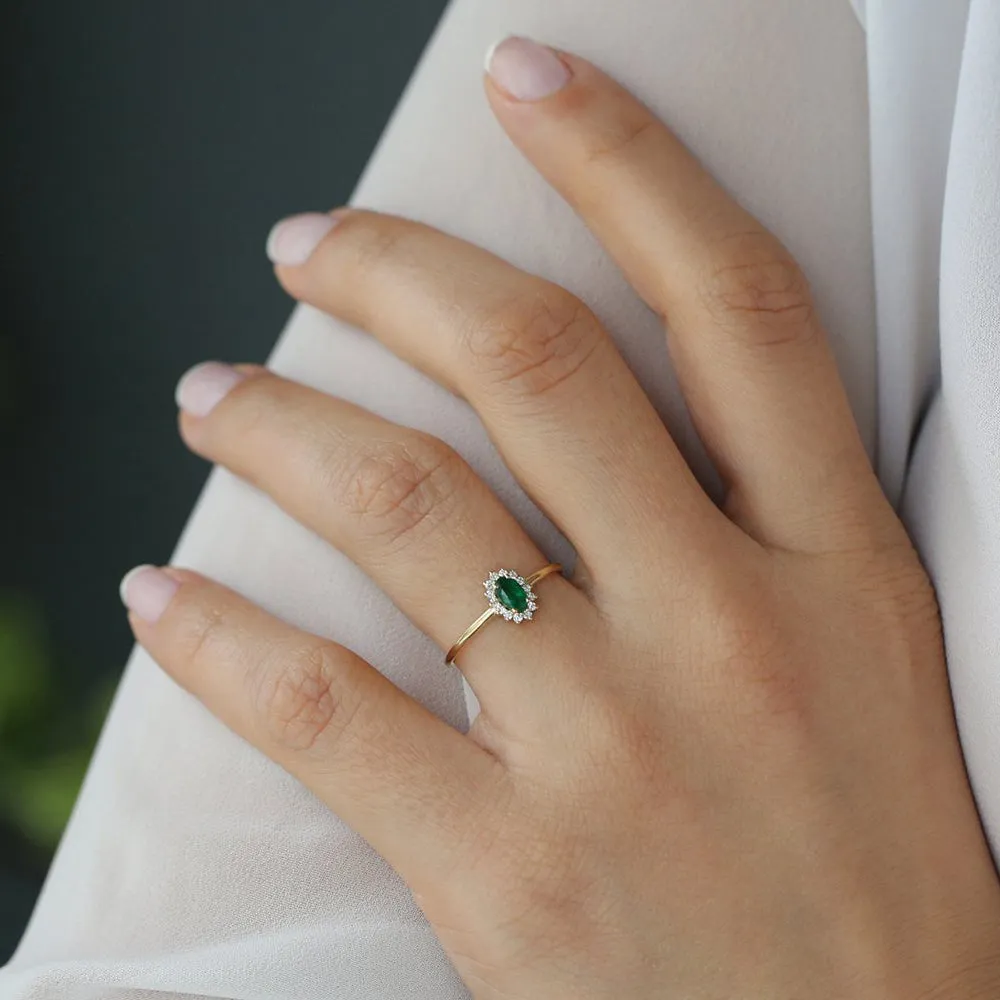 14k Emerald Ring with Halo Diamonds