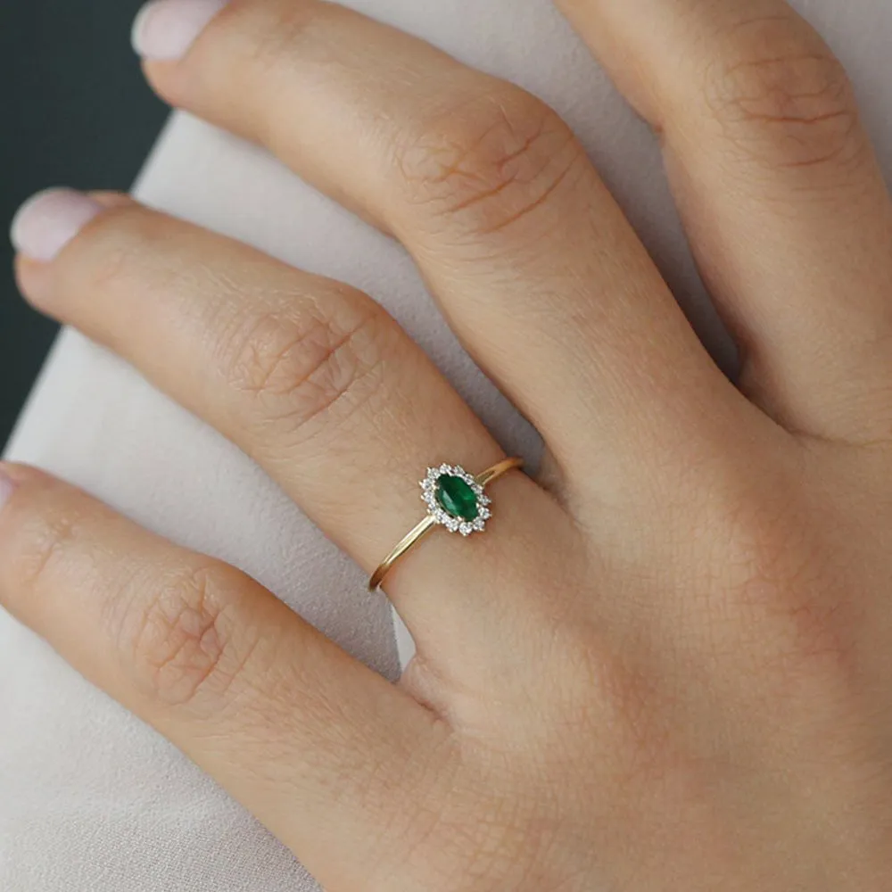 14k Emerald Ring with Halo Diamonds