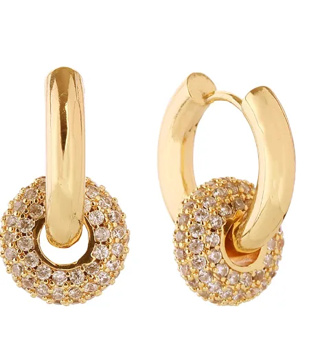 14K Gold Dipped CZ Stone Paved Double Delight Huggie Earrings (2 colors)