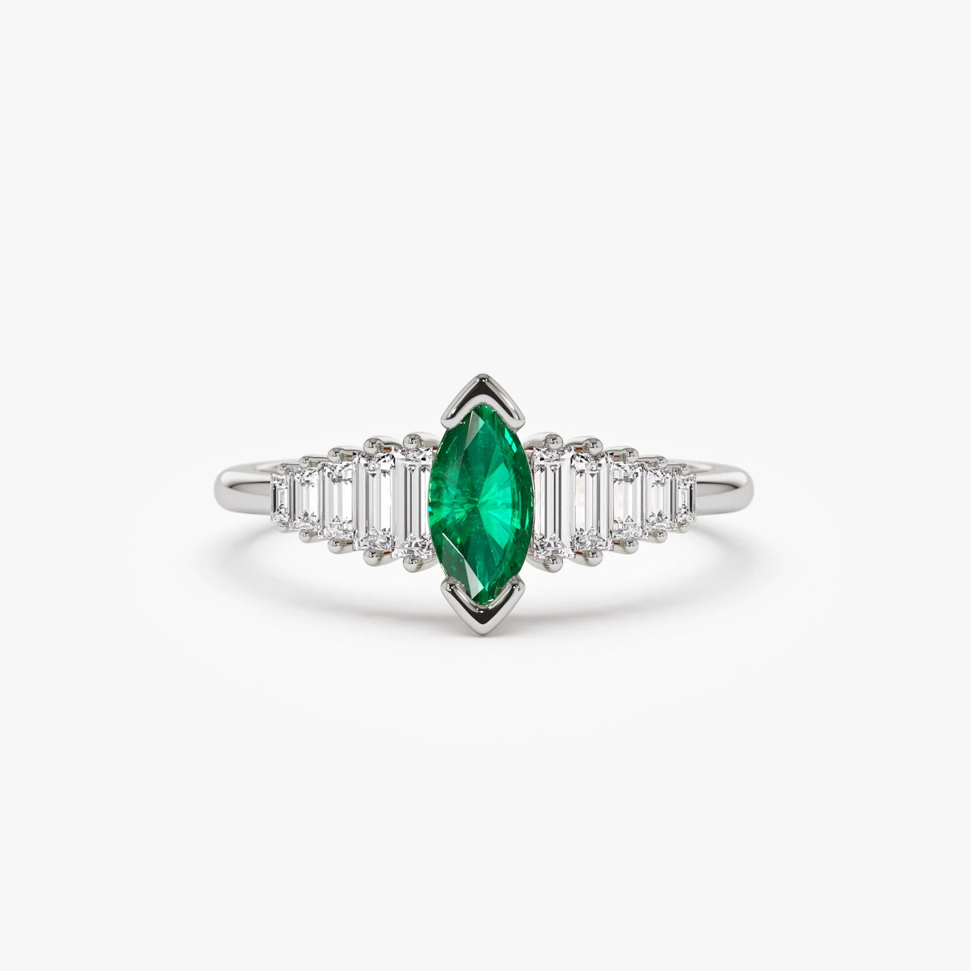 14k Gold Marquise Shape Emerald  Ring with Baguette Accents