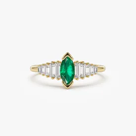 14k Gold Marquise Shape Emerald  Ring with Baguette Accents