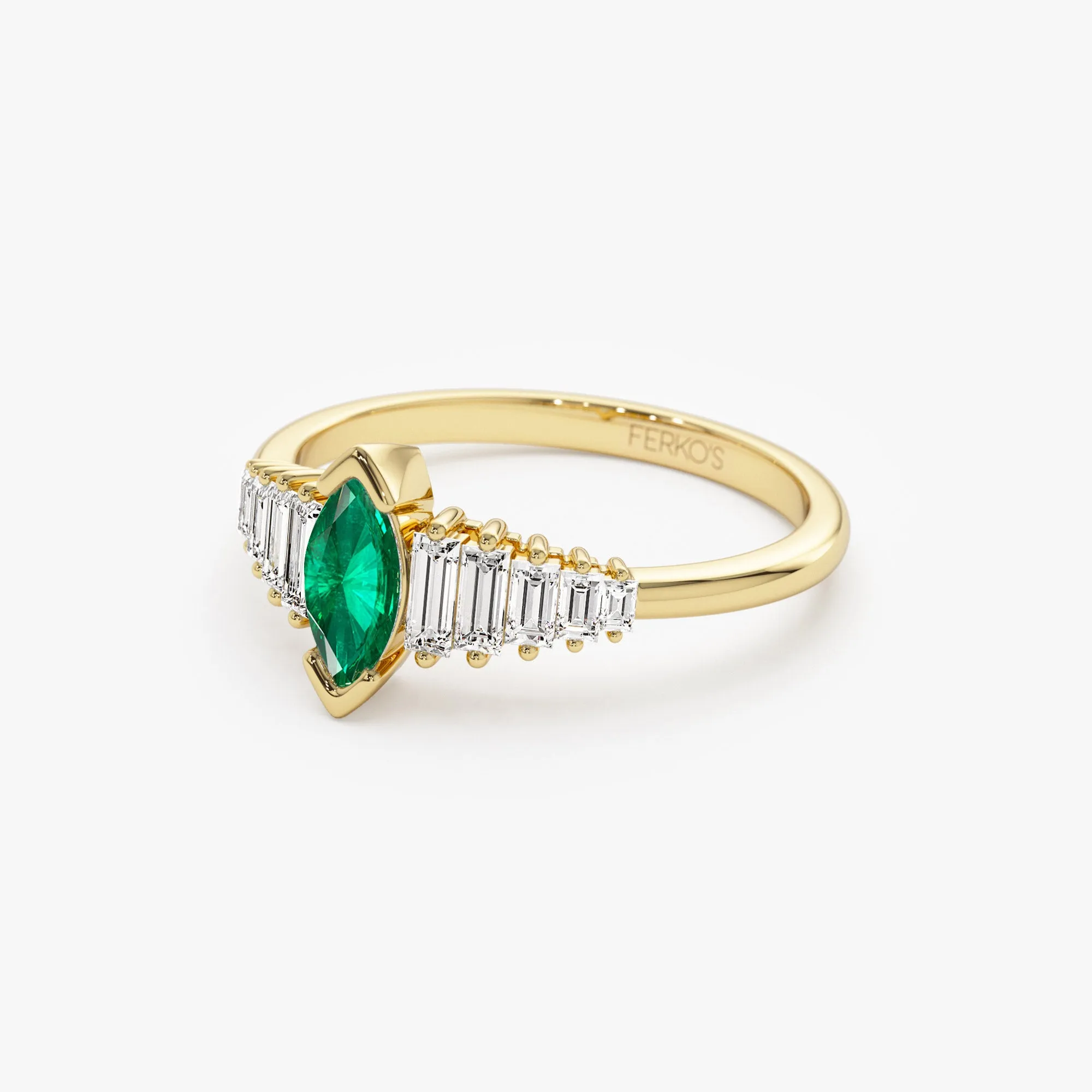 14k Gold Marquise Shape Emerald  Ring with Baguette Accents