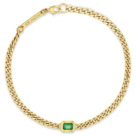 14k Small Curb Chain Emerald Cut Emerald Bezel Bracelet