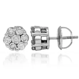 14K Solid White Gold Diamond Cluster Stud Earrings 0.95 Ctw