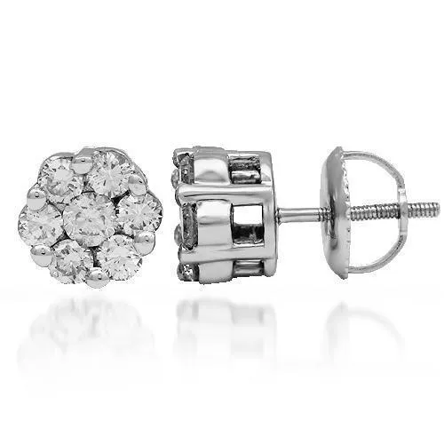 14K Solid White Gold Diamond Cluster Stud Earrings 0.95 Ctw