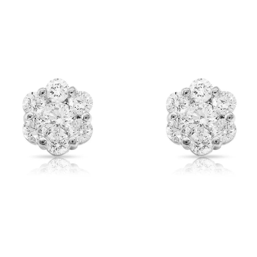 14K Solid White Gold Diamond Cluster Stud Earrings 1.15 Ctw