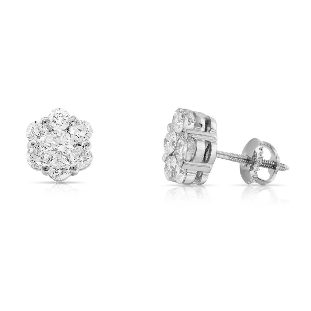 14K Solid White Gold Diamond Cluster Stud Earrings 1.15 Ctw