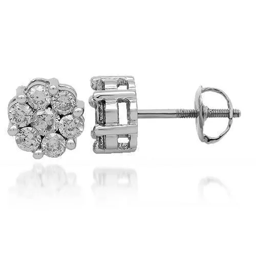 14K Solid White Gold Diamond Cluster Stud Earrings 1.5 Cwt.