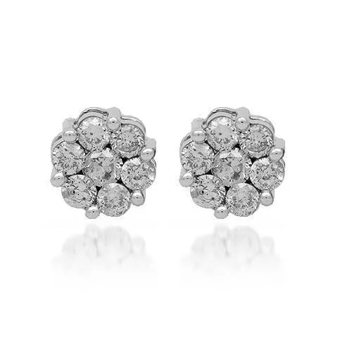 14K Solid White Gold Diamond Cluster Stud Earrings 1.5 Cwt.