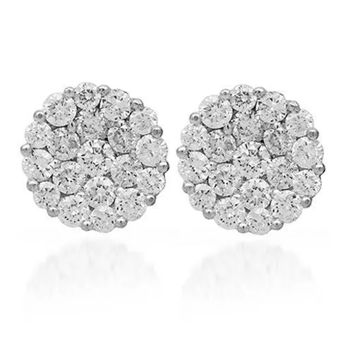 14K Solid White Gold Diamond Cluster Stud Earrings 2.50 Ctw