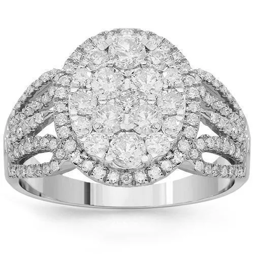 14K Solid White Gold Womens Diamond Cocktail Ring 1.36 Ctw