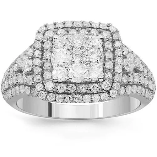 14K Solid White Gold Womens Diamond Cocktail Ring 1.48 Ctw