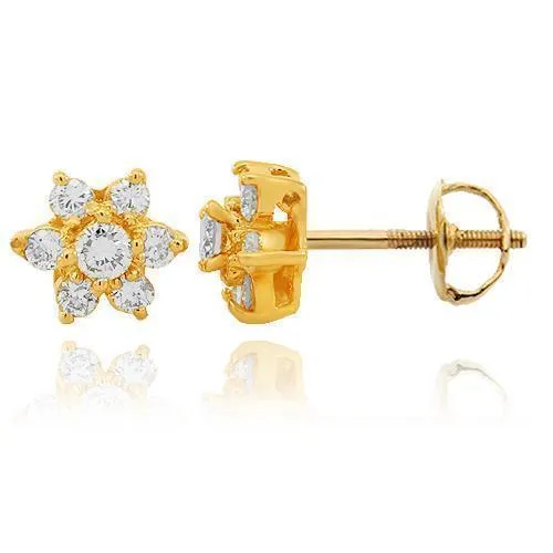 14K Solid Yellow Gold Diamond Cluster Stud Earrings 1.00 Ctw