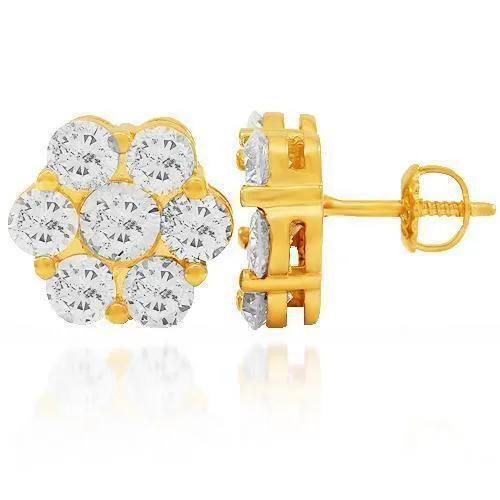 14K Solid Yellow Gold Diamond Cluster Stud Earrings 4.50 Ctw