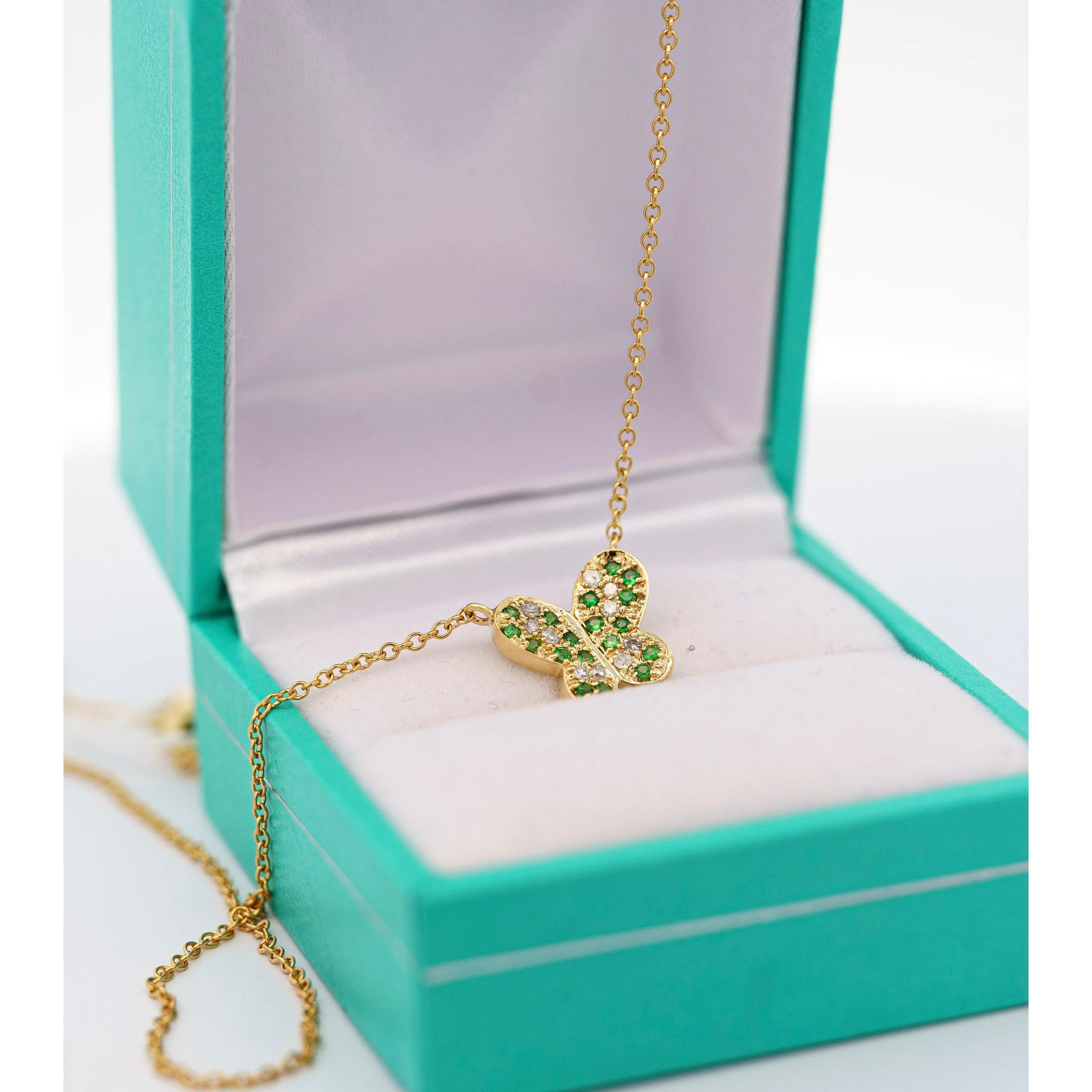 14k Solid Yellow Gold Tsavorite Butterfly Charm Floating Pendant Necklace