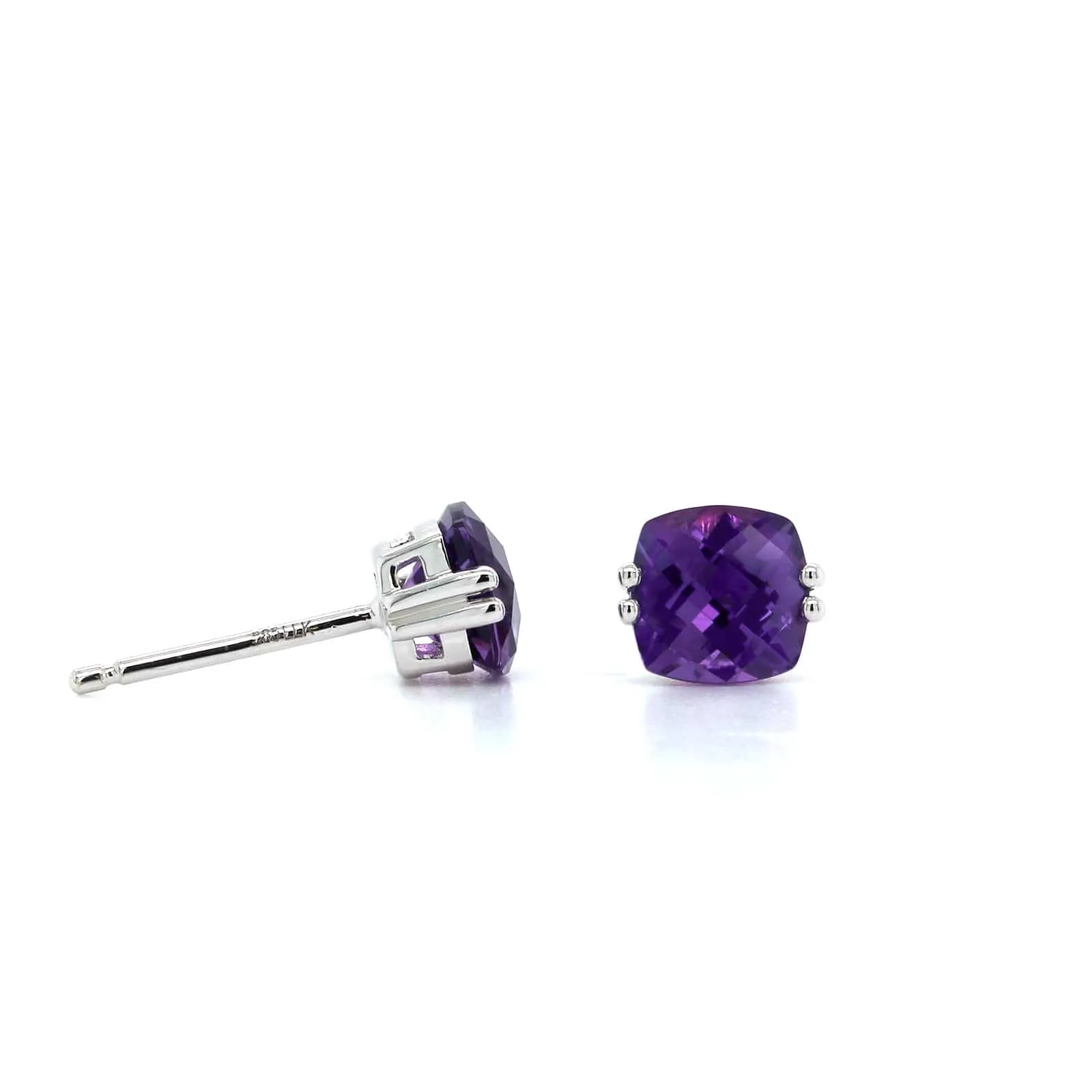 14K White Gold Cushion Amethyst Stud Earrings