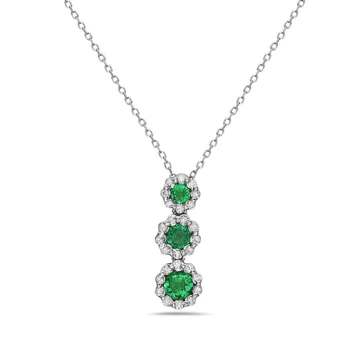 14K White Gold Emerald Drop Diamond Halo Necklace