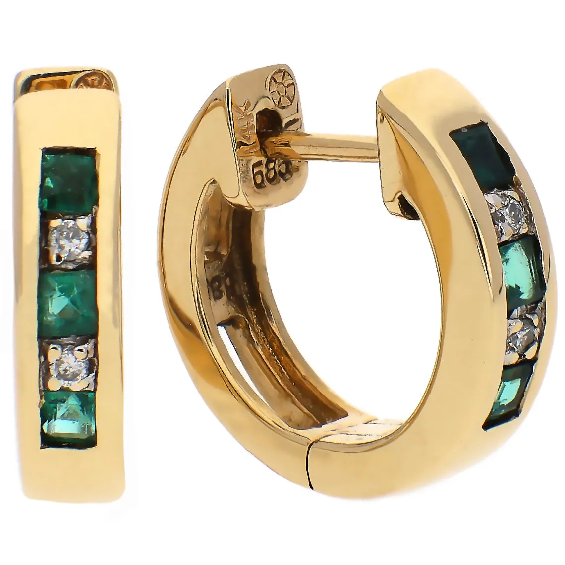 14K Yellow Gold Emerald and Diamond Huggie Hoop Earrings