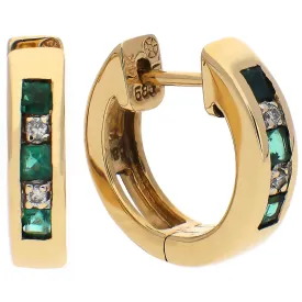 14K Yellow Gold Emerald and Diamond Huggie Hoop Earrings