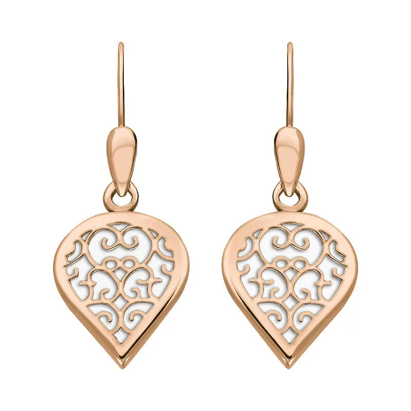 18ct Rose Gold Bauxite Flore Filigree Heart Drop Earrings