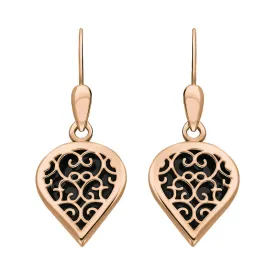 18ct Rose Gold Whitby Jet Flore Filigree Heart Drop Earrings