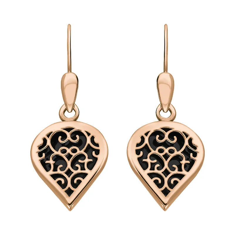 18ct Rose Gold Whitby Jet Flore Filigree Heart Drop Earrings