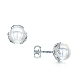 18ct White Gold Akoya Pearl & Diamond Edged Embrace Stud Earrings