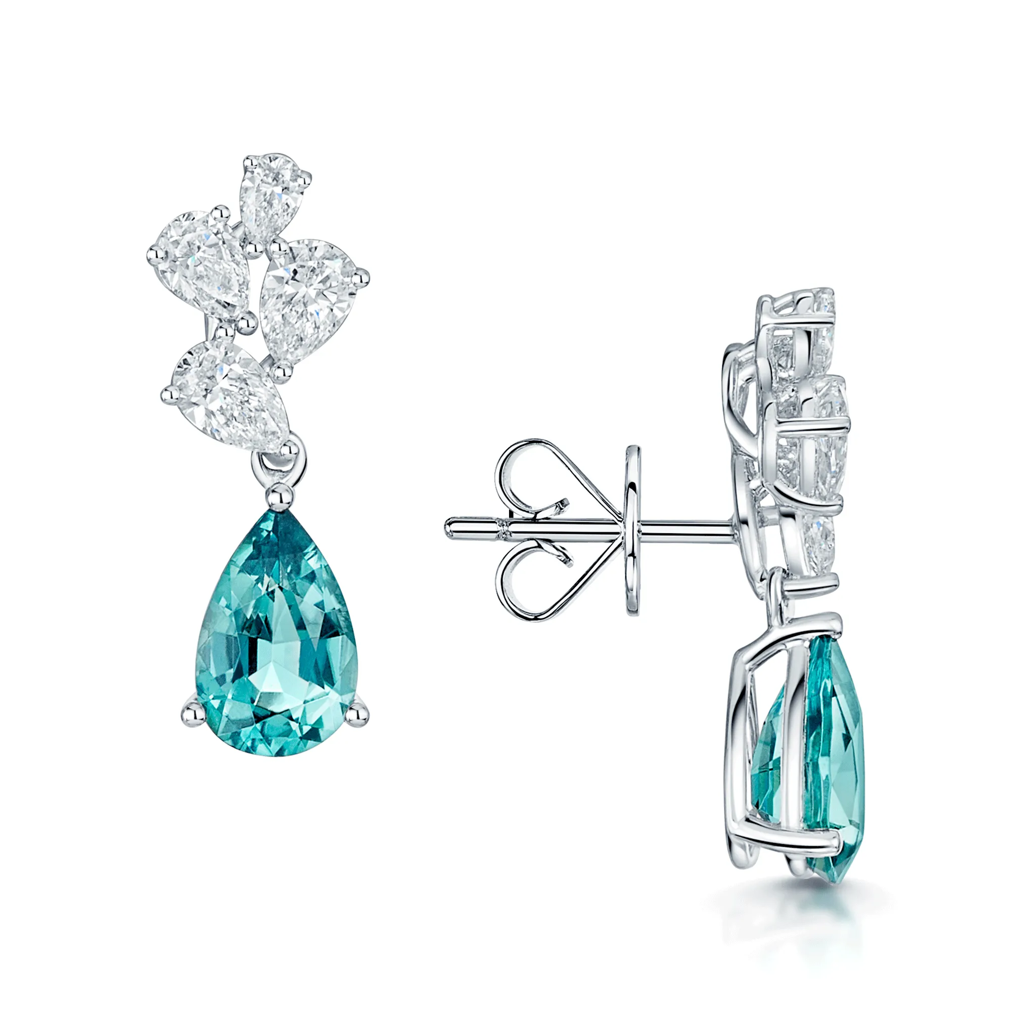 18ct White Gold Pear Cut Indicolite Tourmaline And Diamond Drop Earrings