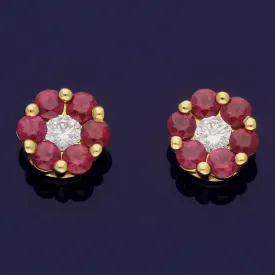 18ct Yellow Gold Ruby and Diamond Floral Cluster 6mm Stud Earrings