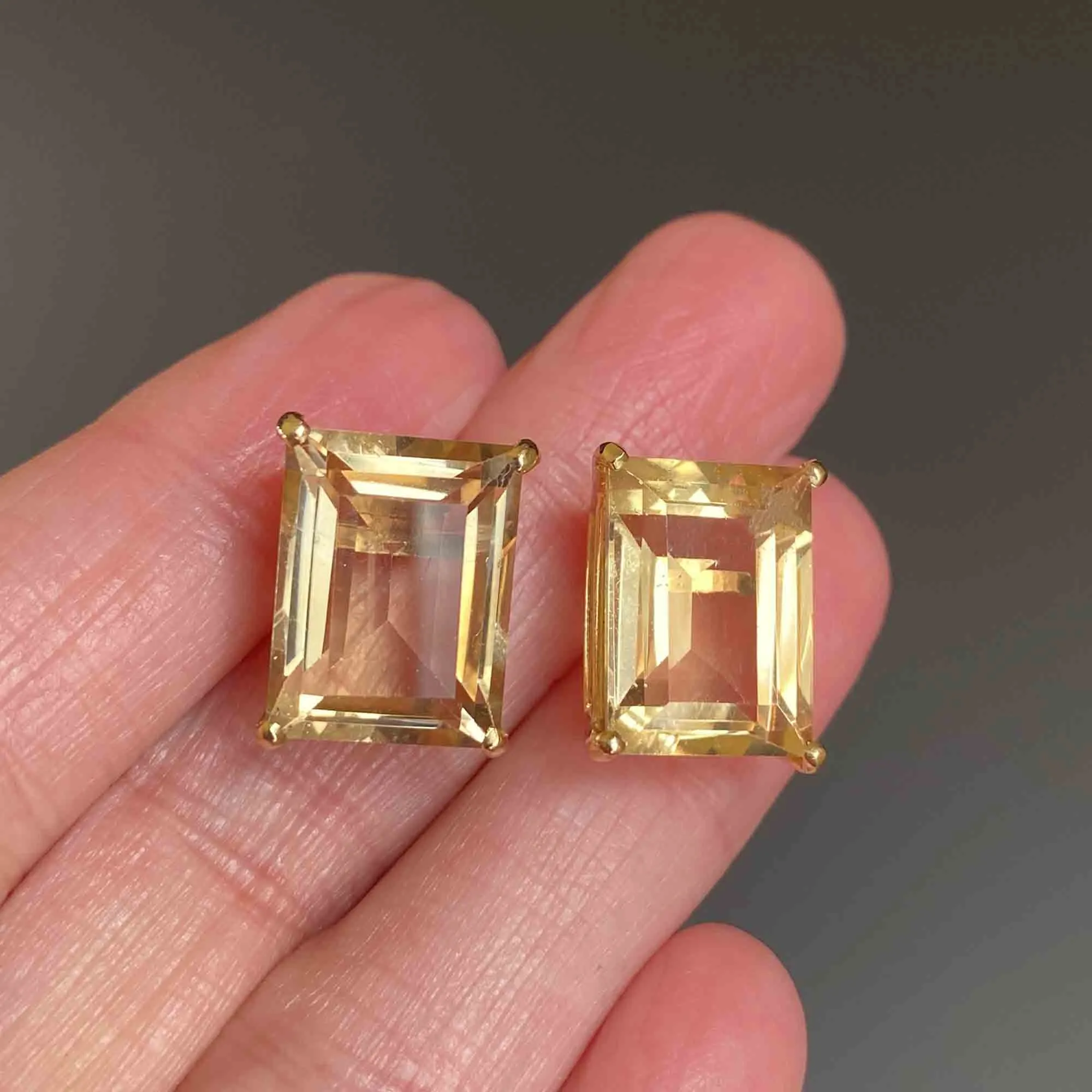 18CTW 14K Gold Emerald Step Cut Citrine Stud Earrings