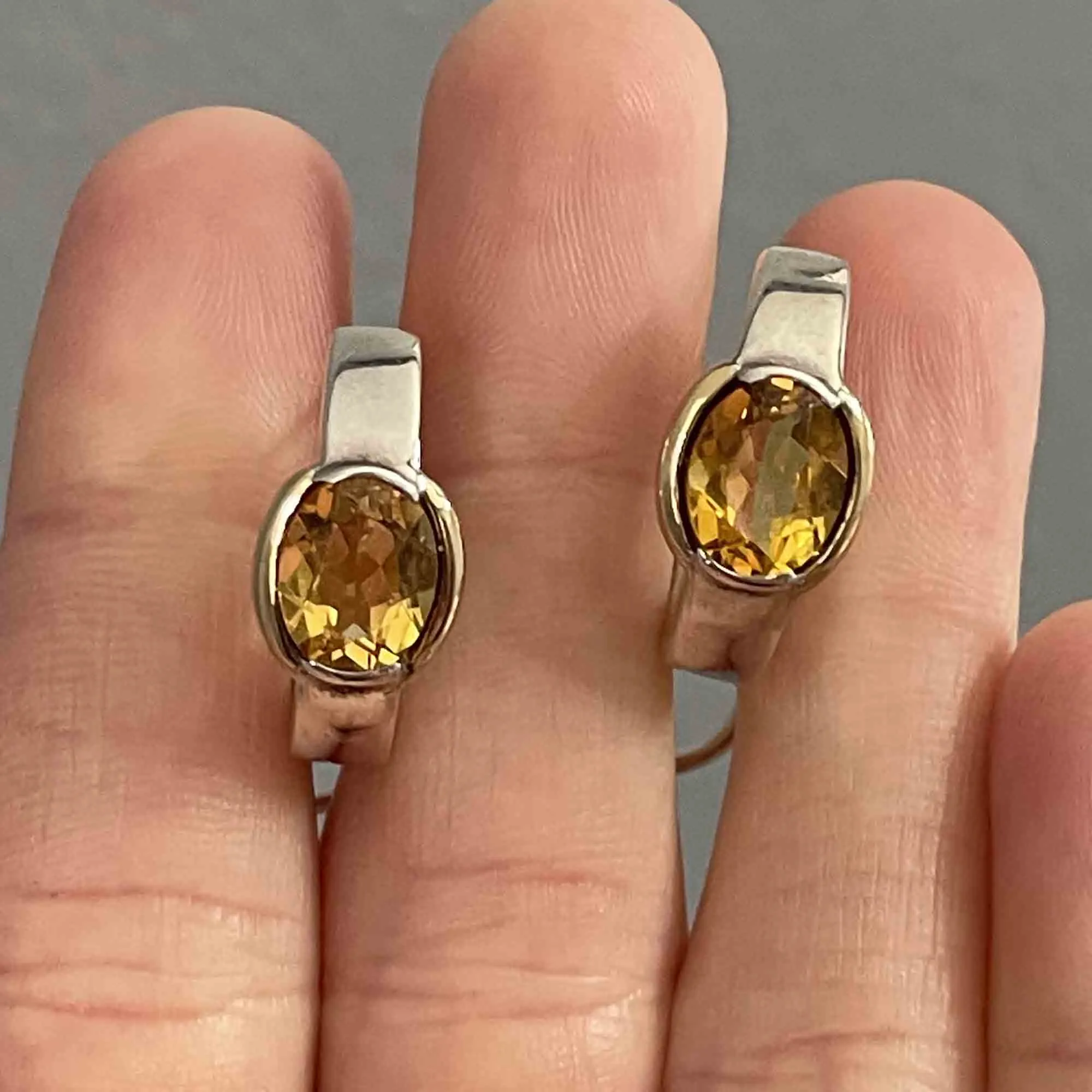 18K Gold Silver Citrine Omega Back Earrings