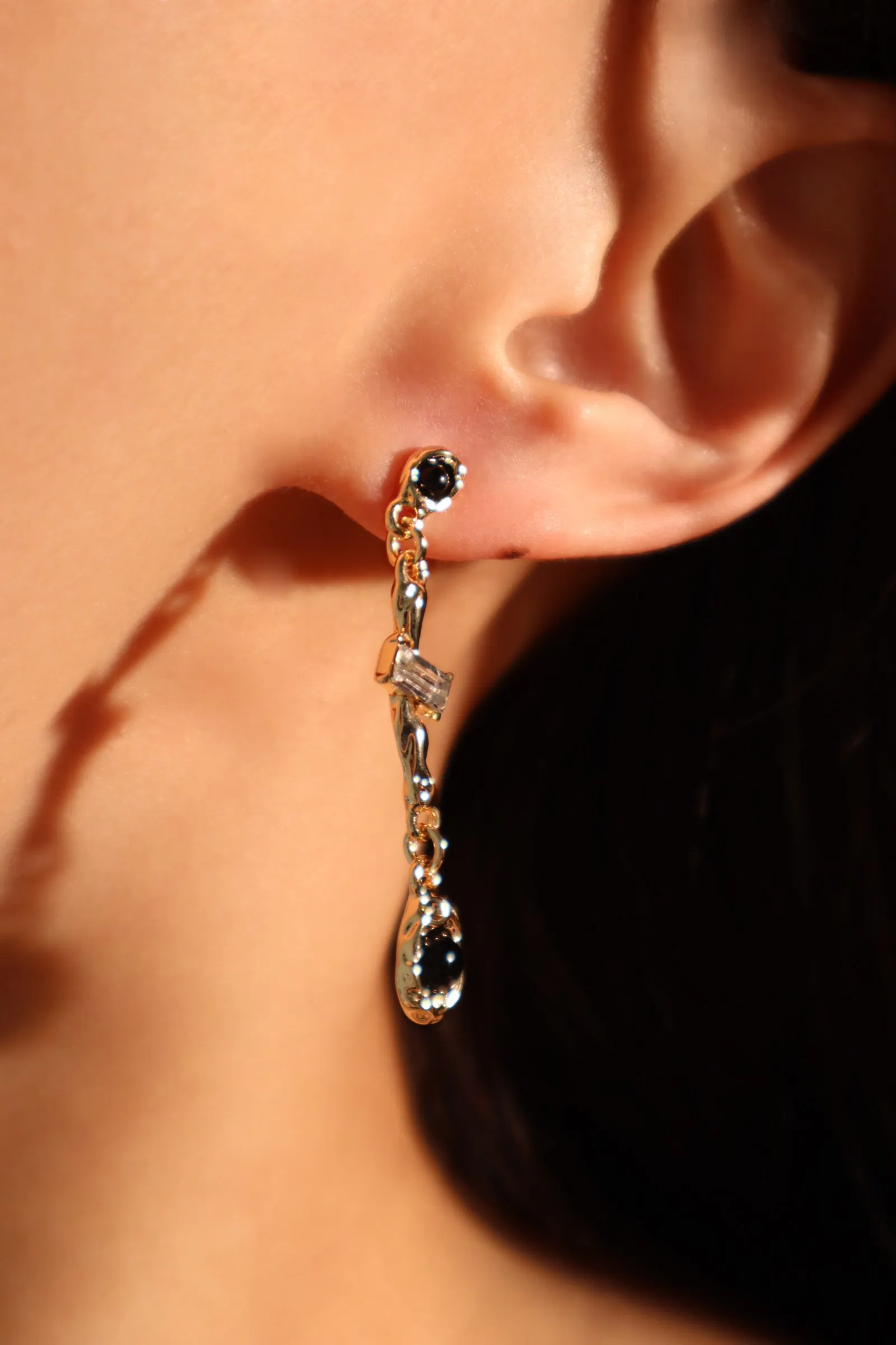 18K Real Gold Plated Diamond Black Gem Earrings