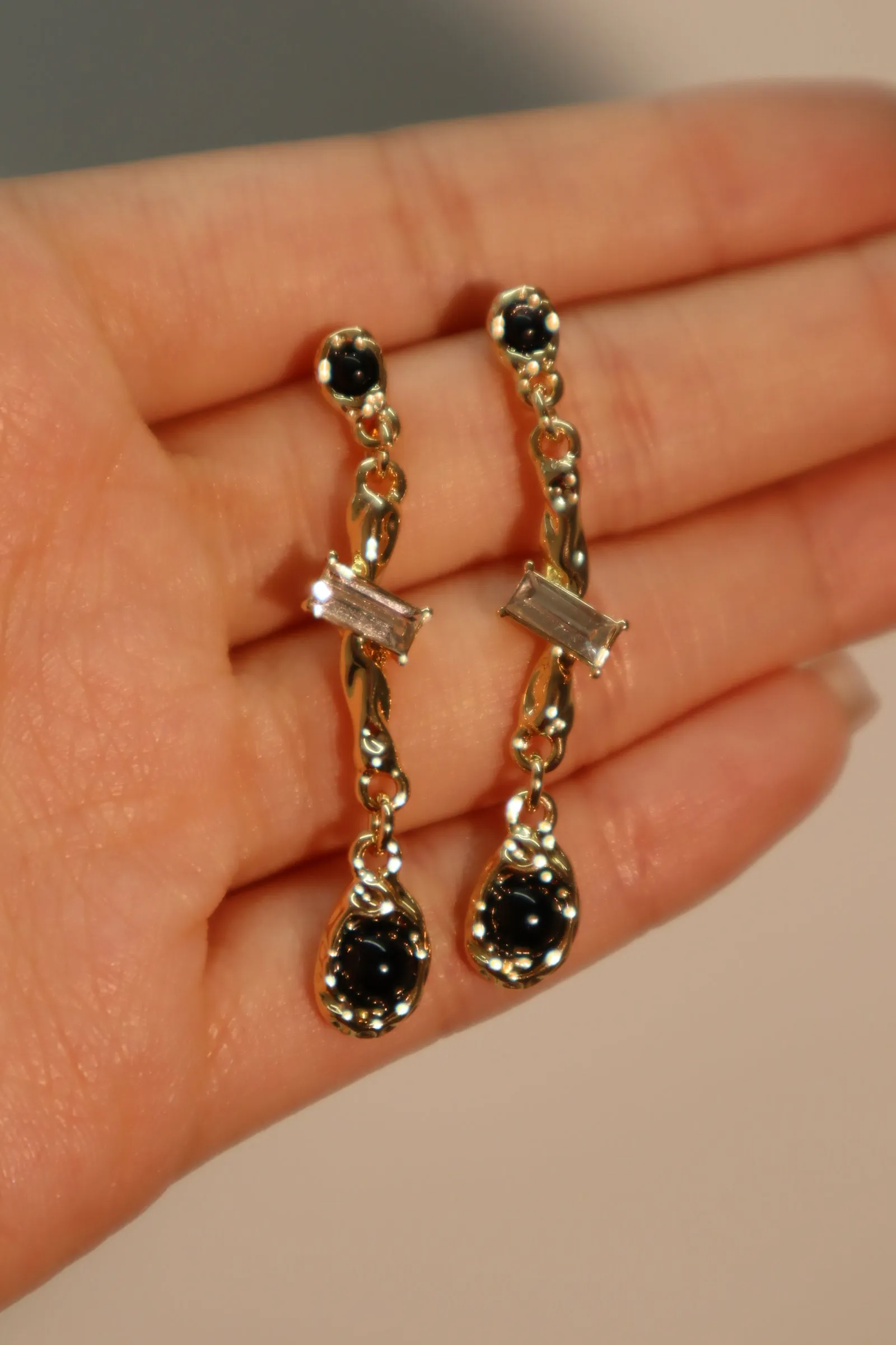 18K Real Gold Plated Diamond Black Gem Earrings