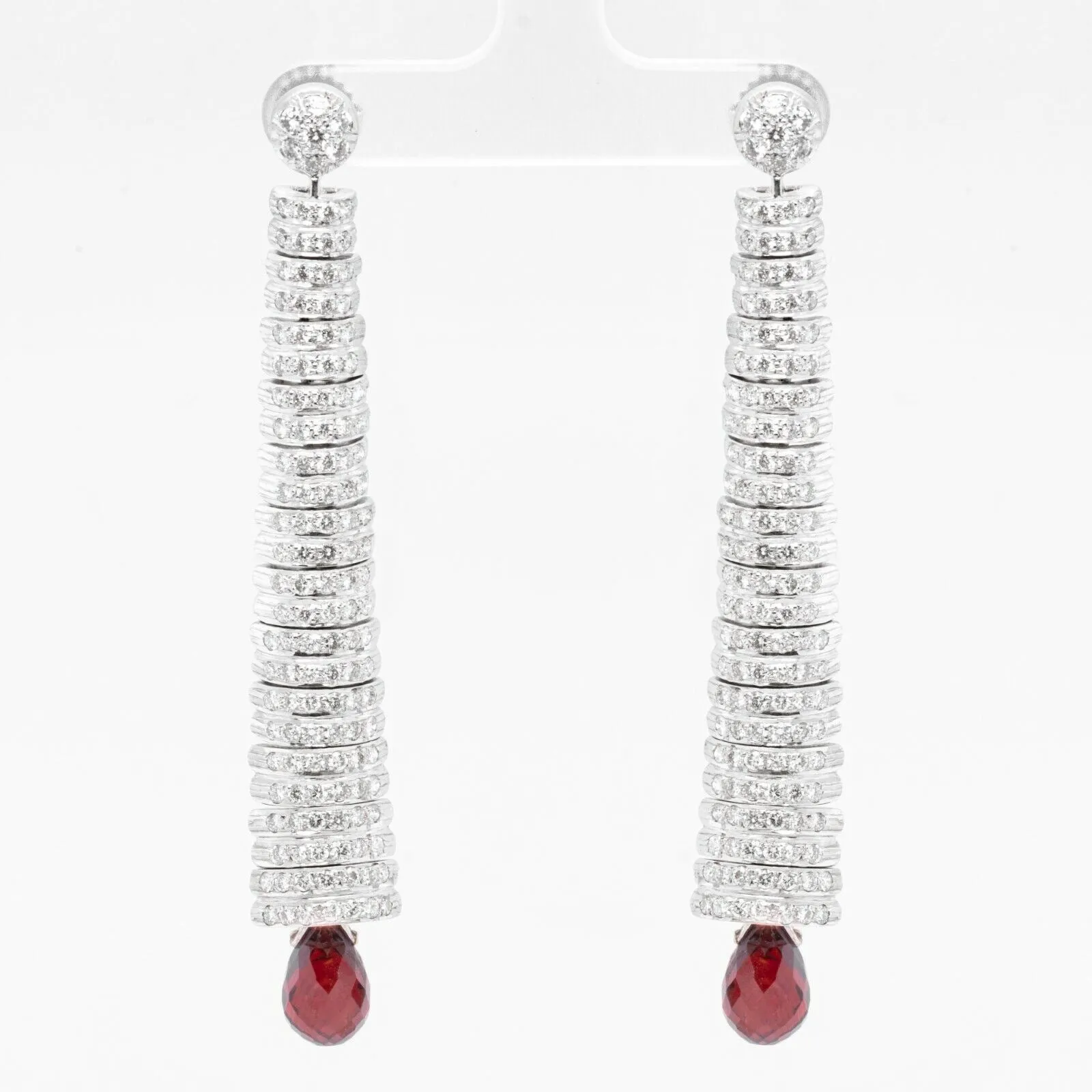 18k White Gold Earrings Caterpillar Diamond & Dangling Briolette Garnet 3.00ctw